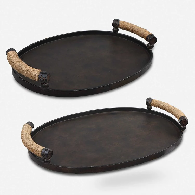 Uttermost Viggo Dark Bronze Iron Set of 2 Trays with Natural Rope Wrapped Handles - Image 2