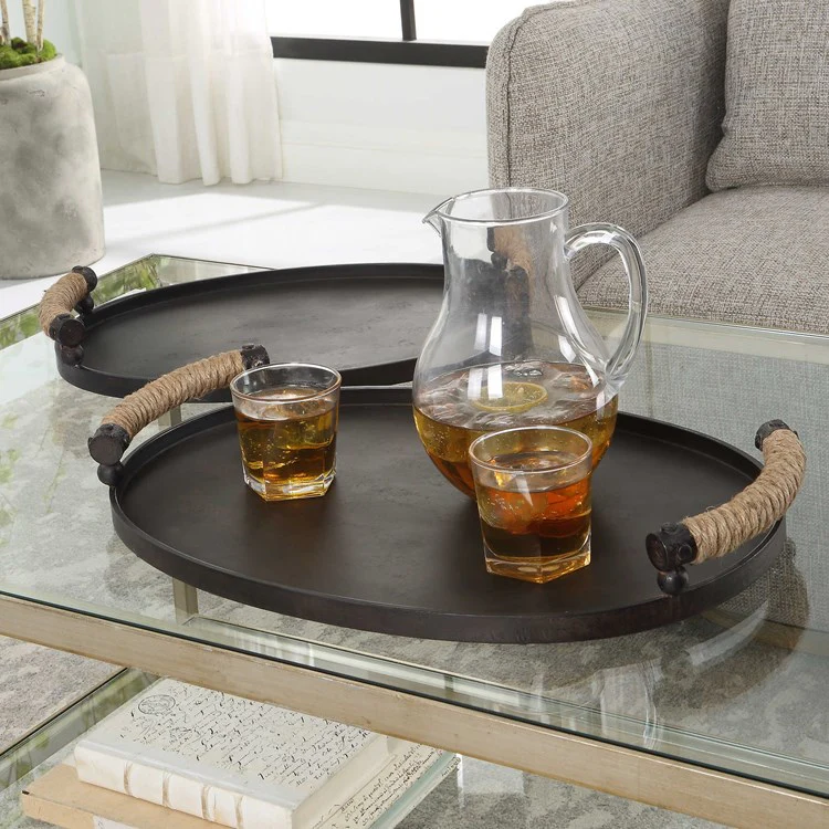 Uttermost Viggo Dark Bronze Iron Set of 2 Trays with Natural Rope Wrapped Handles - Image 3
