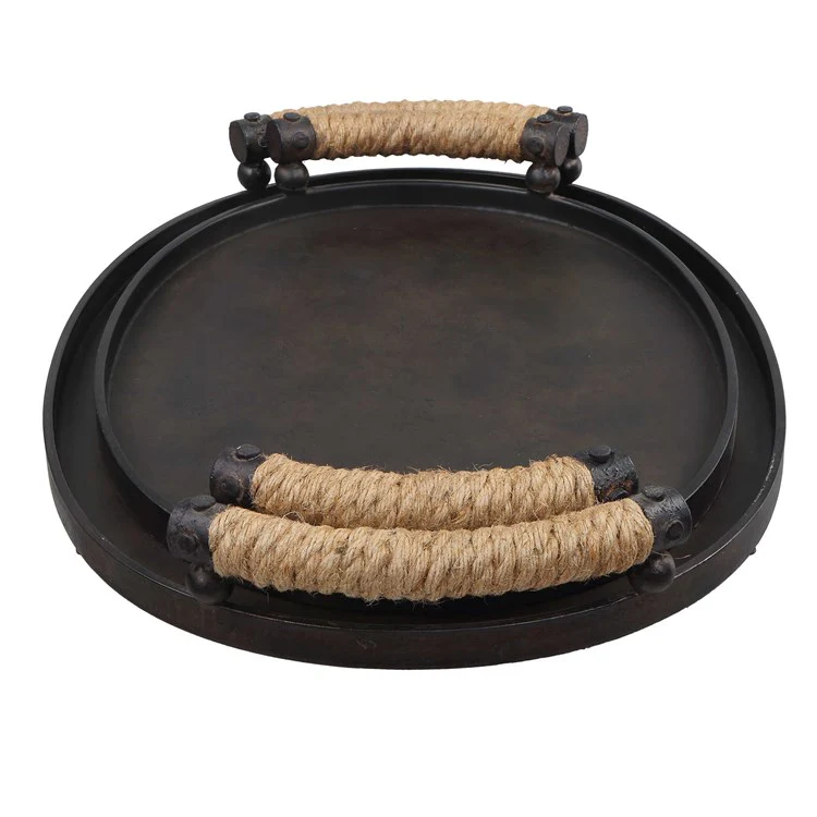 Uttermost Viggo Dark Bronze Iron Set of 2 Trays with Natural Rope Wrapped Handles - Image 4