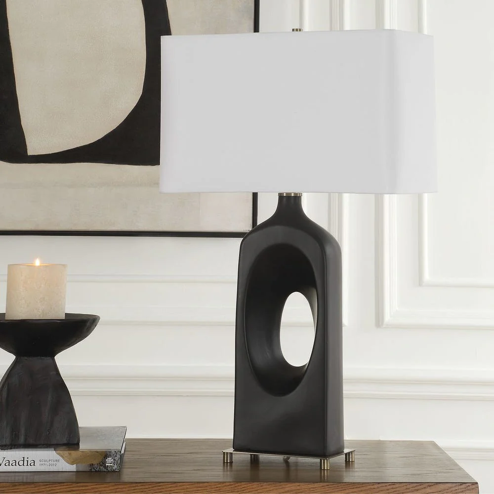 Uttermost Void Matte Black Glazed Table Lamp With Crisp White Linen Shade - Image 2