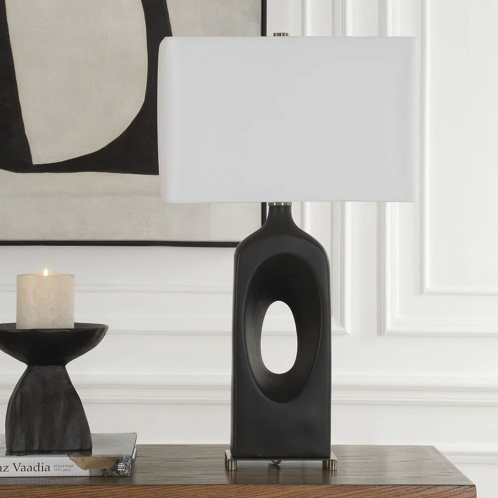 Uttermost Void Matte Black Glazed Table Lamp With Crisp White Linen Shade - Image 3