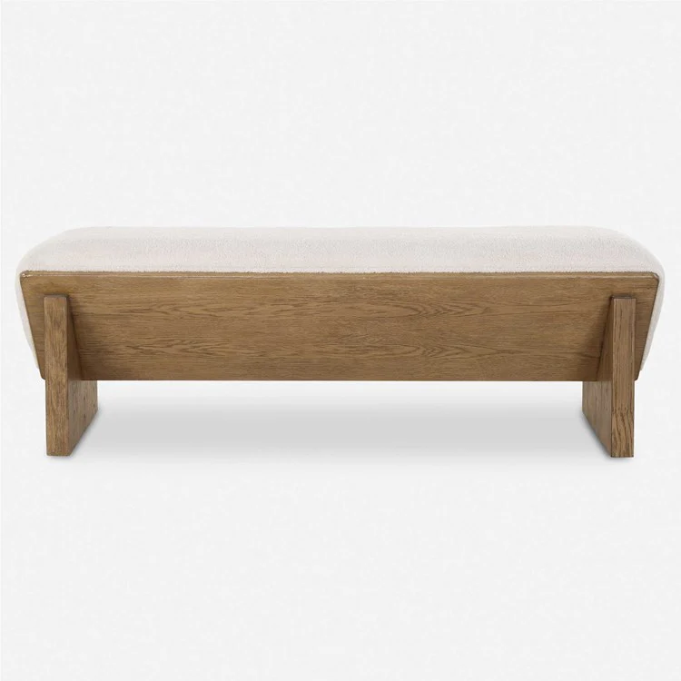 Uttermost Wedged Ivory Faux Sheepskin Cushioned Seat Oak Wood Bench - Image 2