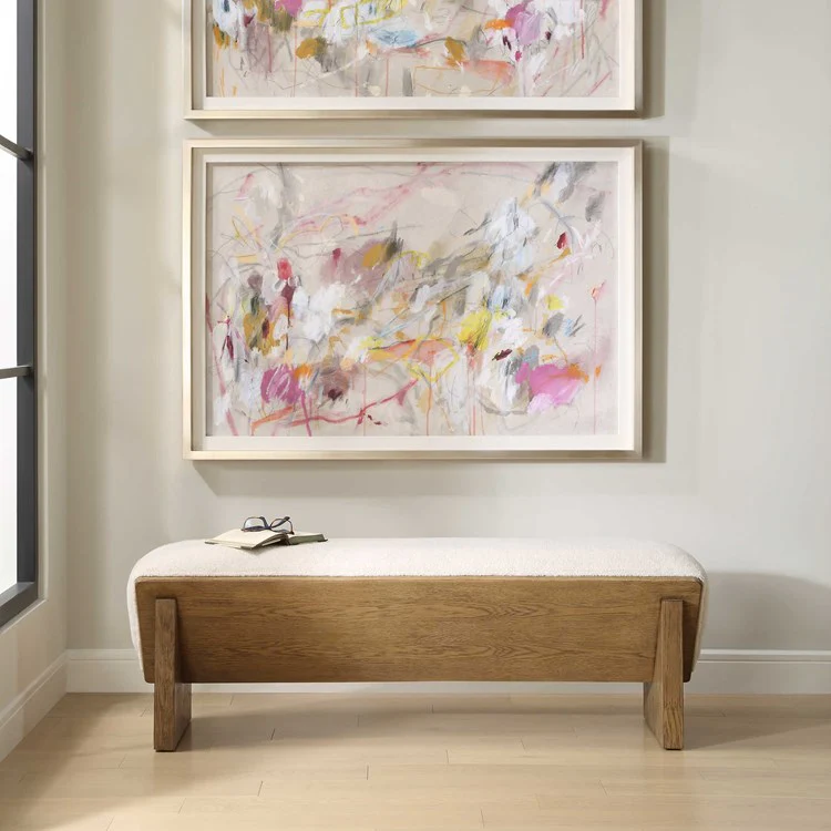 Uttermost Wedged Ivory Faux Sheepskin Cushioned Seat Oak Wood Bench - Image 3