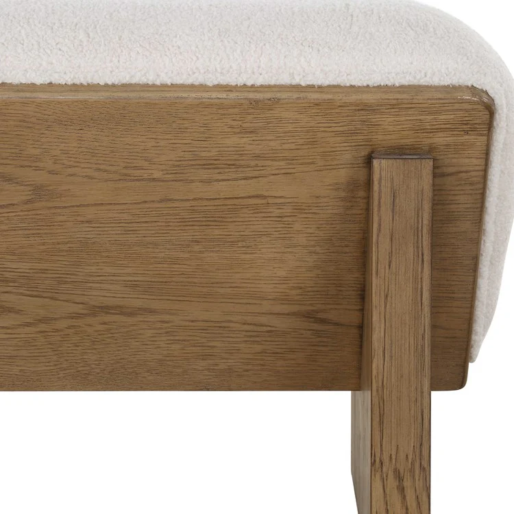 Uttermost Wedged Ivory Faux Sheepskin Cushioned Seat Oak Wood Bench - Image 7
