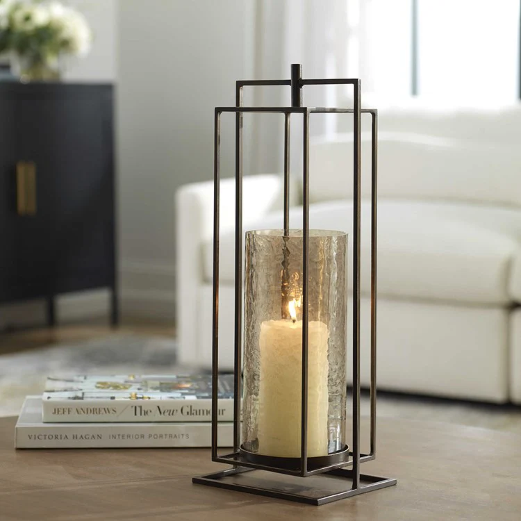 Uttermost Wenman Bronze Iron and Textured Glass Lantern Candleholder ~ Candle Included