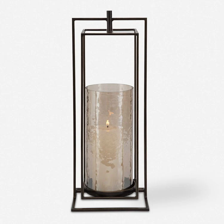 Uttermost Wenman Bronze Iron and Textured Glass Lantern Candleholder ~ Candle Included - Image 2