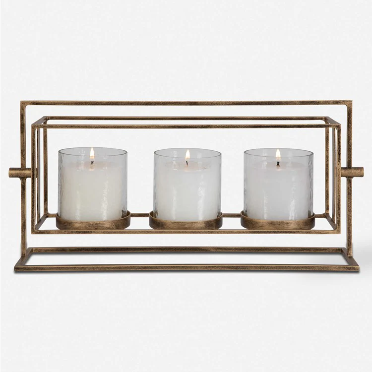 Uttermost Wenman Gold Iron and Textured Glass Triple Candleholder ~ Candles Included - Image 2