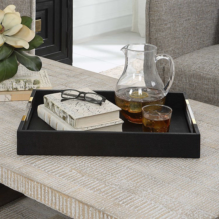 Uttermost Wessex Black Faux Shagreen Tray with Acrylic and Brass Handles - Image 2