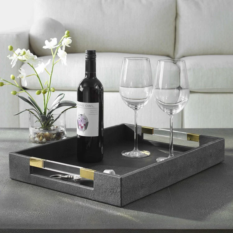 Uttermost Wessex Black Faux Shagreen Tray with Acrylic and Brass Handles - Image 3