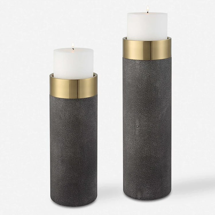 Uttermost Wessex Gray Faux Shagreen and Antiqued Brushed Brass Set of 2 Candle Holders ~ Candles Included - Image 2