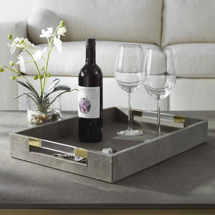 Uttermost Wessex Gray Faux Shagreen Tray with Acrylic and Brass Handles