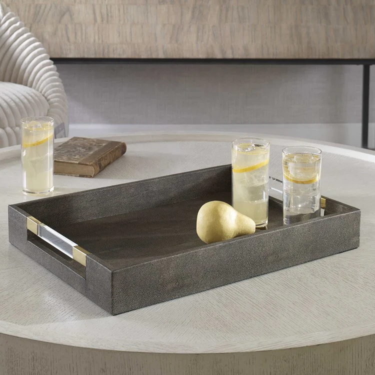 Uttermost Wessex Gray Faux Shagreen Tray with Acrylic and Brass Handles - Image 3