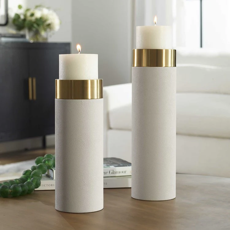 Uttermost Wessex White Faux Shagreen and Antiqued Brushed Brass Set of 2 Candle Holders ~ Candles Included