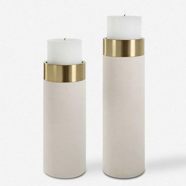 Uttermost Wessex White Faux Shagreen and Antiqued Brushed Brass Set of 2 Candle Holders ~ Candles Included - Image 2