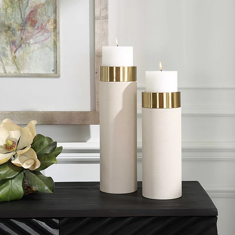 Uttermost Wessex White Faux Shagreen and Antiqued Brushed Brass Set of 2 Candle Holders ~ Candles Included - Image 3