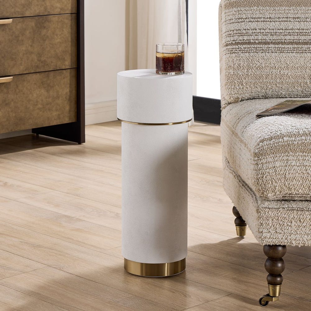 Uttermost Wessex White Faux Shagreen Drink Table with Brushed Brass Accents