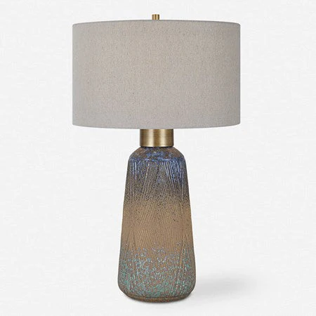 Uttermost Western Sky Golden Rust, Indigo and Blue-Green Ceramic Table Lamp With Gray Linen Shade - Image 2