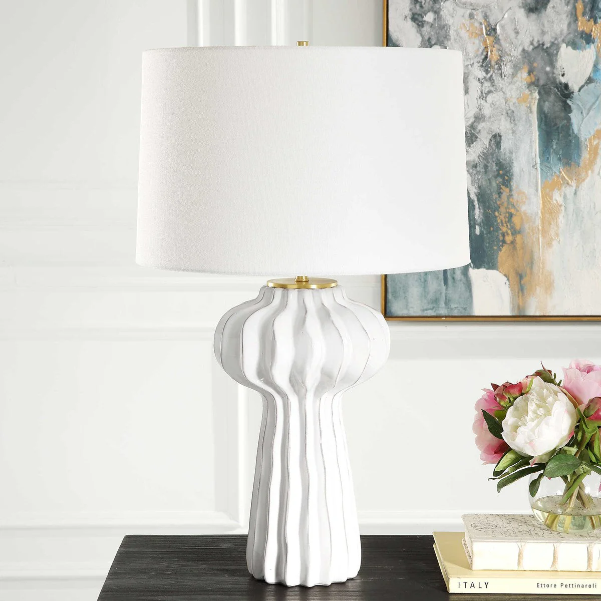 Uttermost Wrenley Off-White Glazed Porcelain Table Lamp With White Linen Shade
