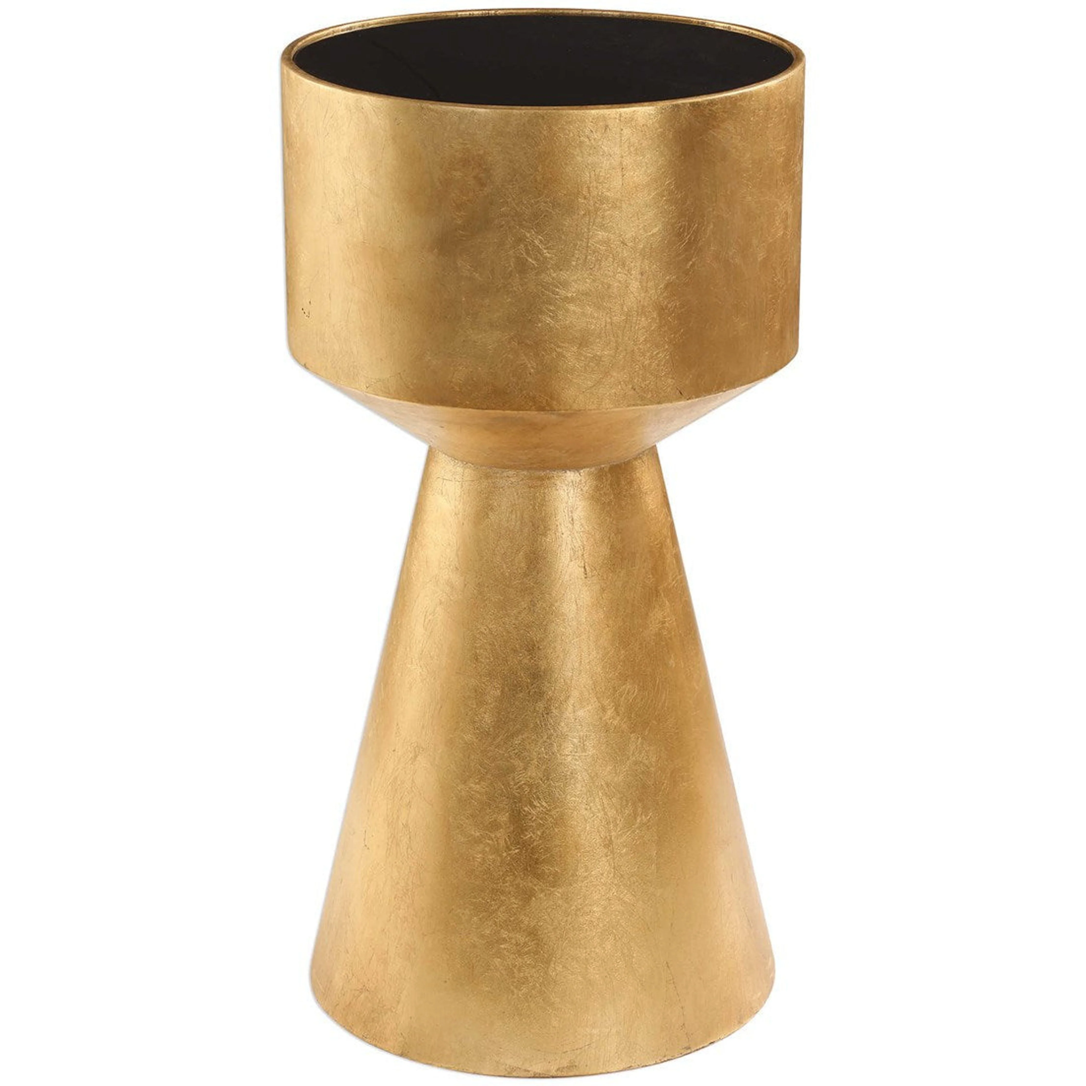 Uttermost Veira Black Glass Top With Metallic Gold Leaf Base Modern Drink Table - Image 2