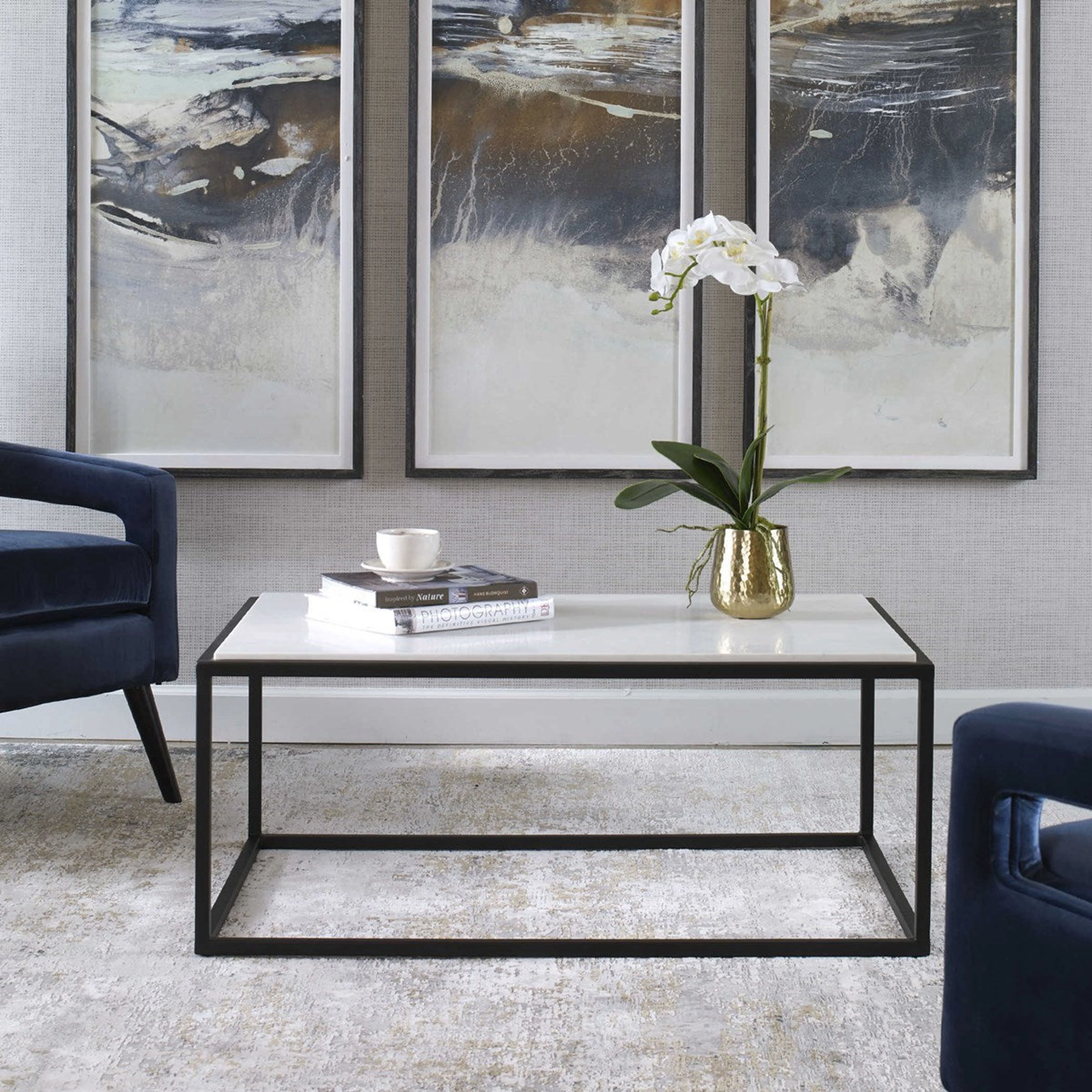 Uttermost Vola White Marble Top With Black Iron Base Modern Coffee Table
