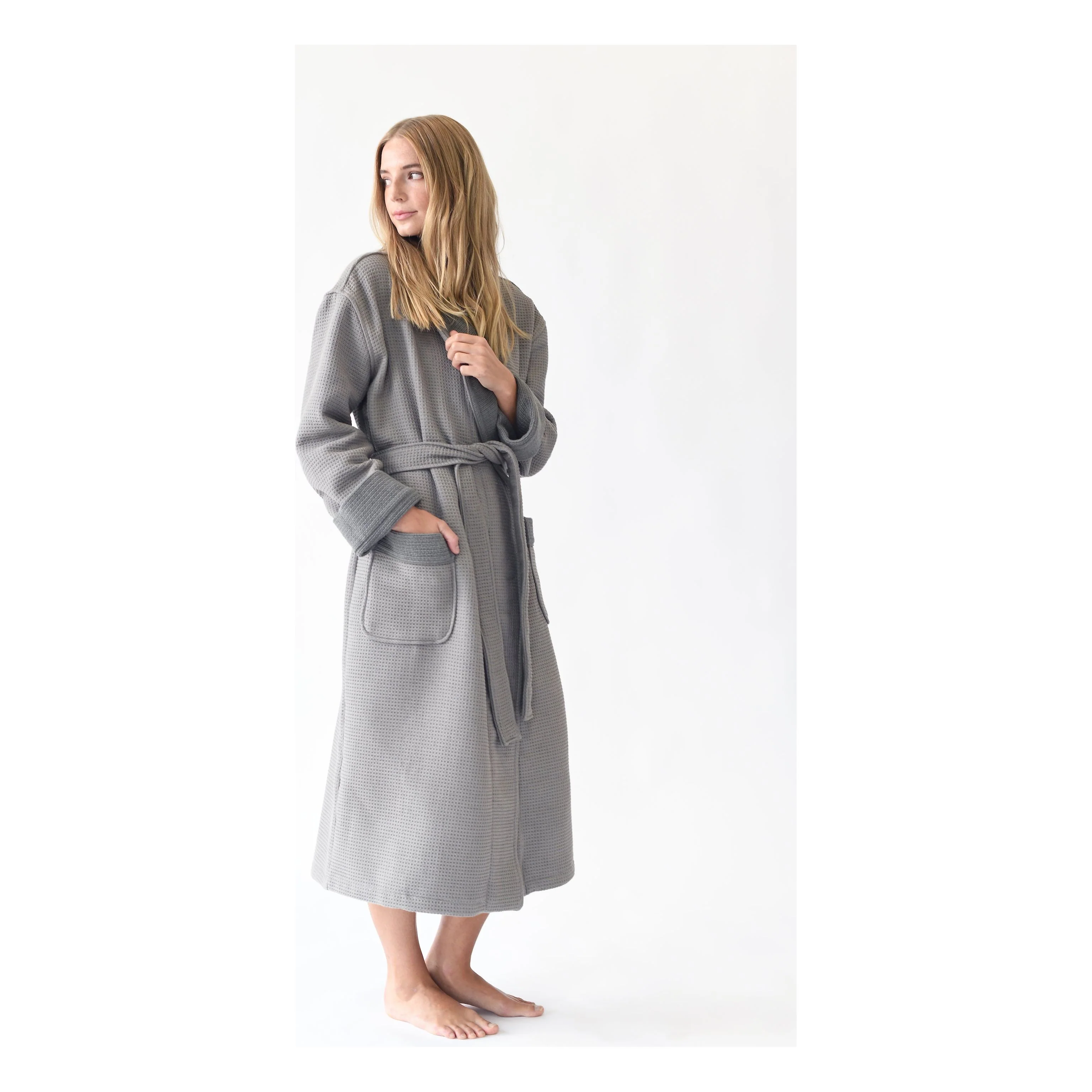 Cozy Earth Waffle Bath Robe Available in Charcoal, White and Light Grey - Image 3