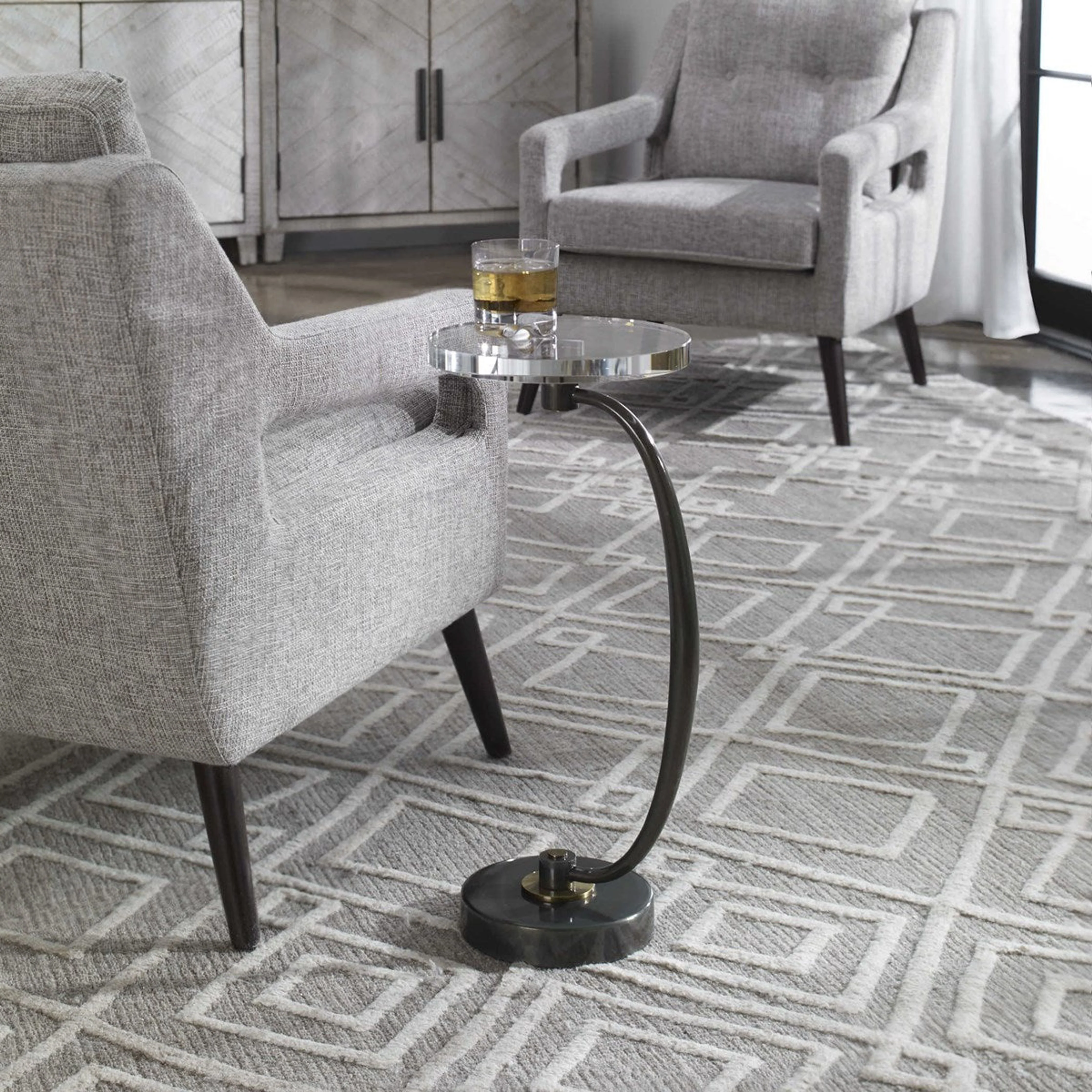 Uttermost Waveney Crystal Top With Dark Bronze Curved Iron Drink Table