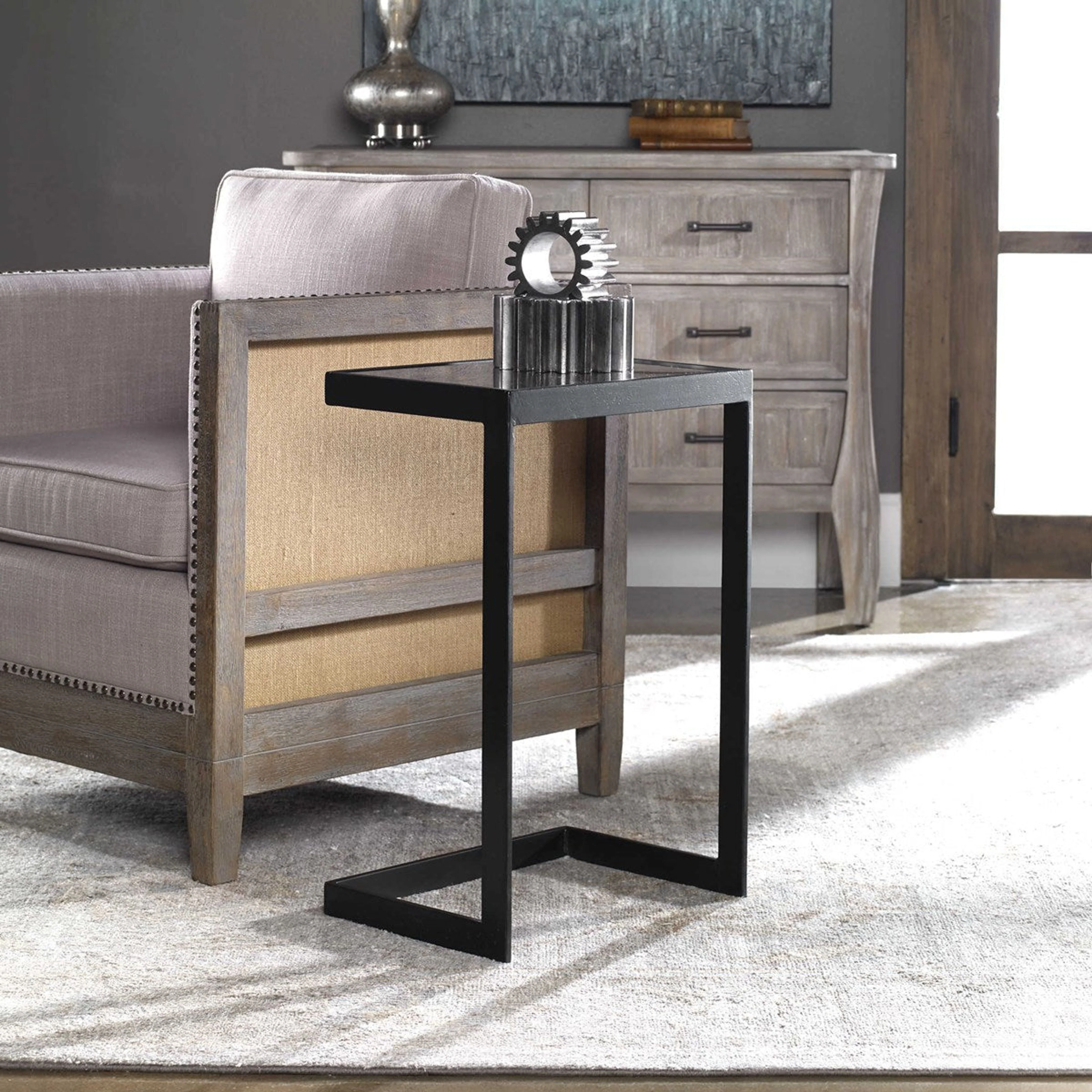 Uttermost Windell Mirrored Top With Black Iron Base Modern Accent Table - Image 2
