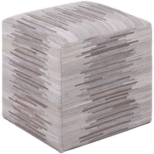 Surya Zander Modern Hair On Hide Cream, Gray & Brown Patched Leather Pouf Ottoman ZNPF-002 - Image 2