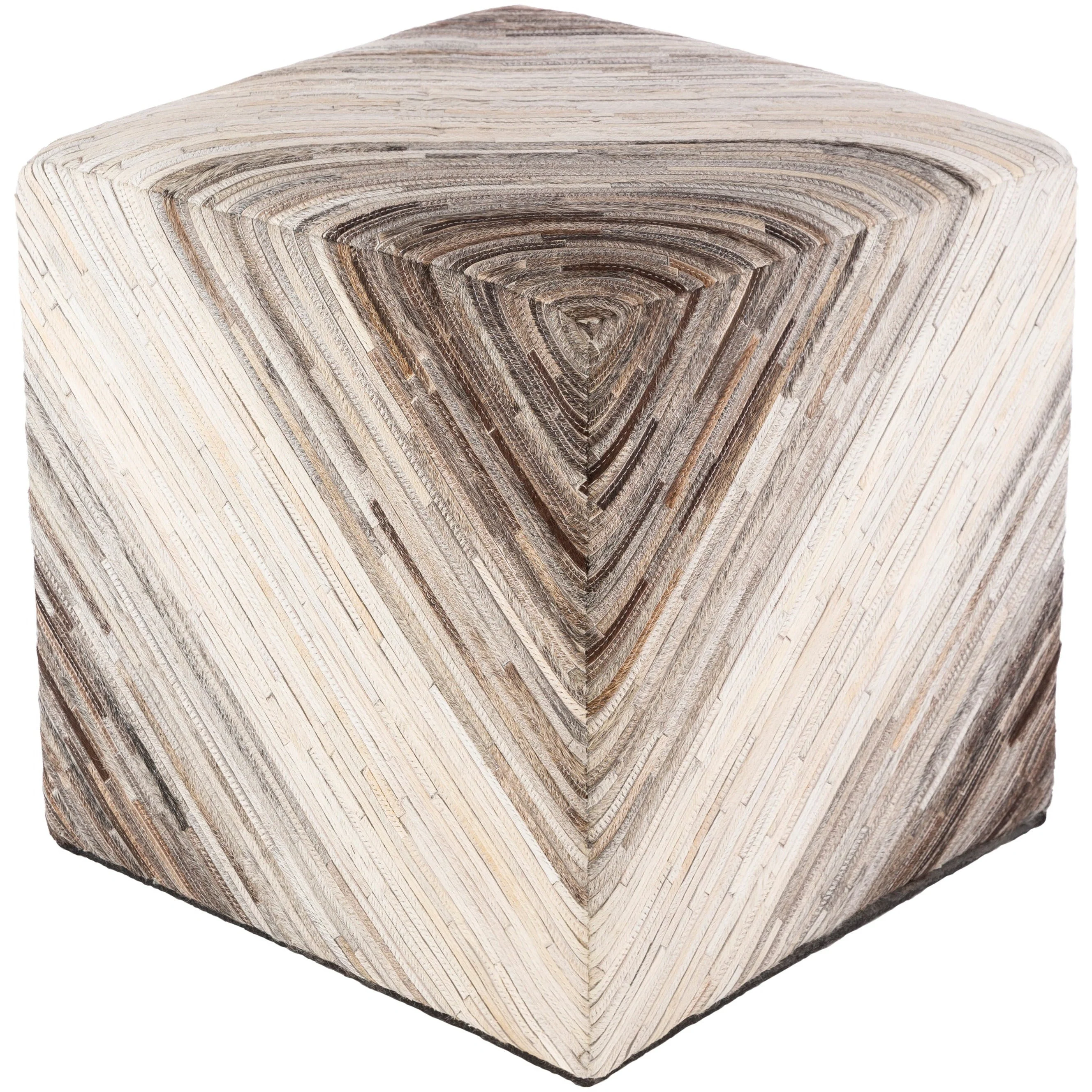 Surya Zander Modern Hair On Hide Ivory, Beige, Gray & Brown Patched Leather Pouf Ottoman ZNPF-003 - Image 3