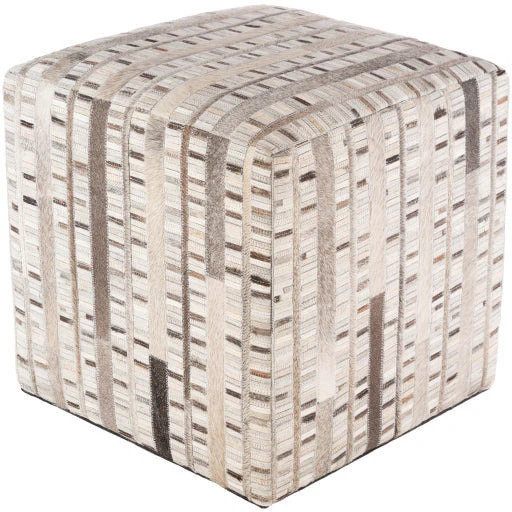 Surya Zander Modern Hair On Hide Gray, Brown, Ivory & Beige Patched Leather Pouf Ottoman ZNPF-004 - Image 2