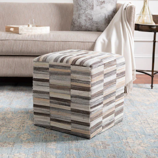 Surya Zander Modern Hair On Hide Gray, Light Gray & Charcoal Patched Leather Pouf Ottoman ZNPF-005 - Image 8