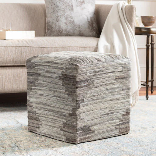 Surya Zander Modern Hair On Hide Gray, Charcoal, Light Gray & Tan Patched Leather Pouf Ottoman ZNPF-006 - Image 4