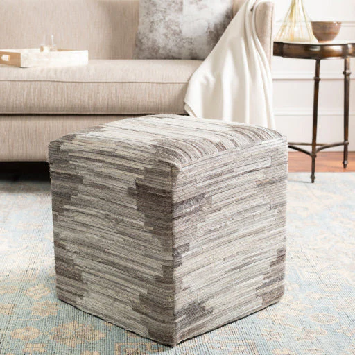 Surya Zander Modern Hair On Hide Gray, Charcoal, Light Gray & Tan Patched Leather Pouf Ottoman ZNPF-006 - Image 5