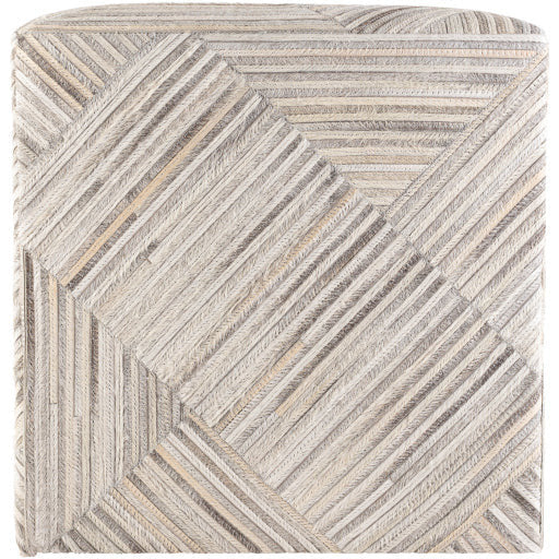 Surya Zander Modern Hair On Hide Gray, Cream, Charcoal & Taupe Patched Leather Pouf Ottoman ZNPF-007 - Image 3