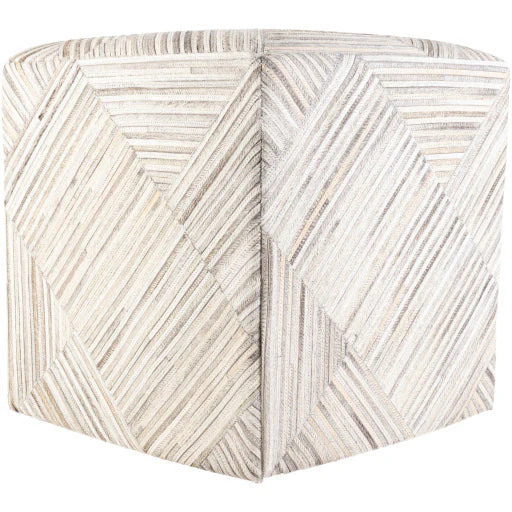 Surya Zander Modern Hair On Hide Gray, Cream, Charcoal & Taupe Patched Leather Pouf Ottoman ZNPF-007 - Image 4