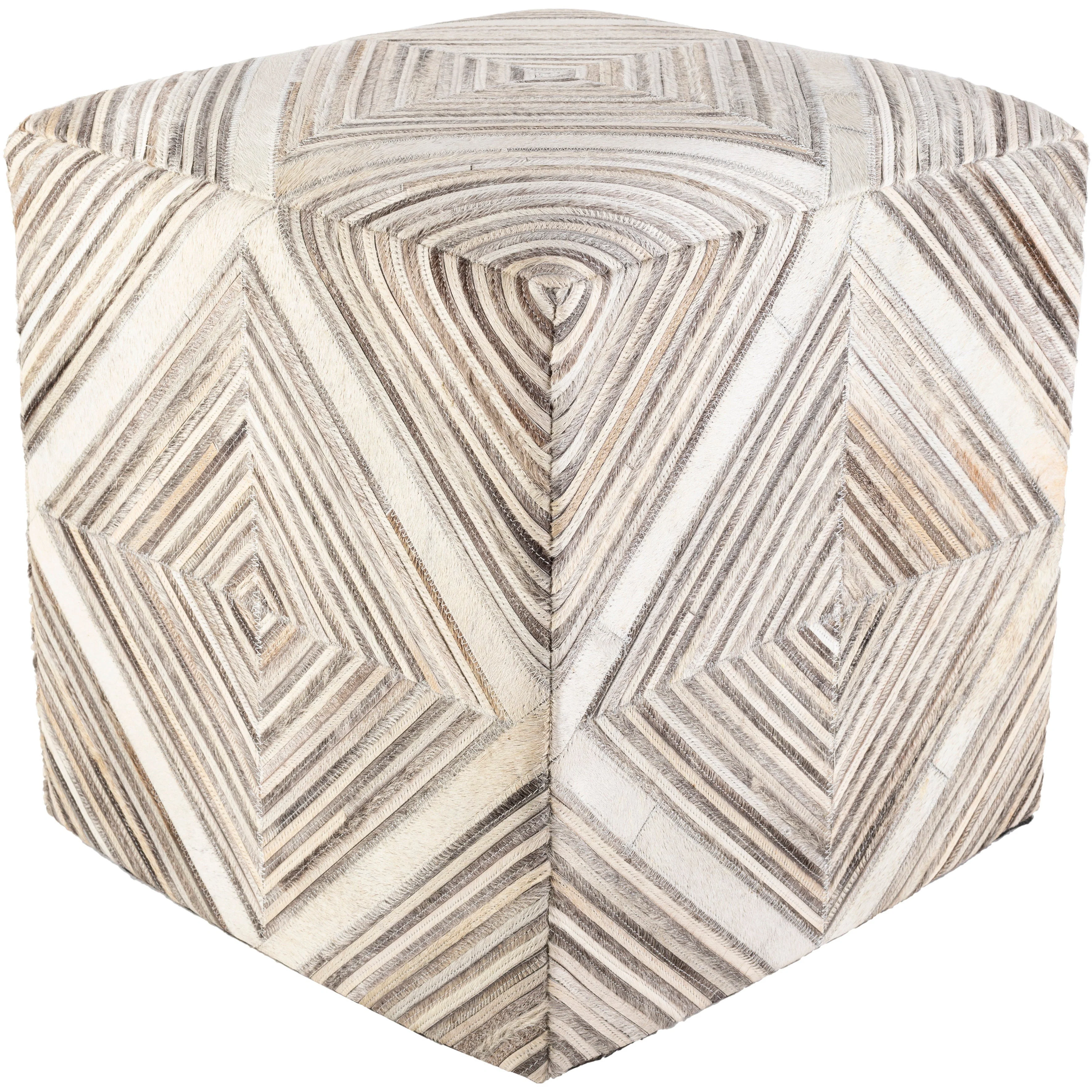 Surya Zander Modern Hair On Hide Gray, Charcoal, Cream & Taupe Patched Leather Pouf Ottoman ZNPF-008 - Image 2
