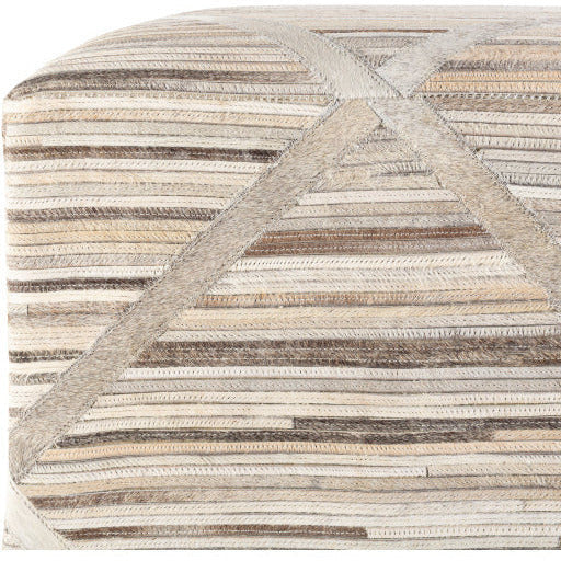 Surya Zander Modern Hair On Hide Charcoal, Tan, Gray, Beige & Cream Patched Leather Pouf Ottoman ZNPF-009 - Image 2