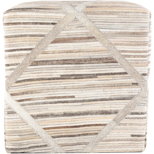Surya Zander Modern Hair On Hide Charcoal, Tan, Gray, Beige & Cream Patched Leather Pouf Ottoman ZNPF-009 - Image 3
