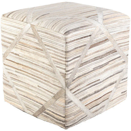 Surya Zander Modern Hair On Hide Charcoal, Tan, Gray, Beige & Cream Patched Leather Pouf Ottoman ZNPF-009 - Image 4