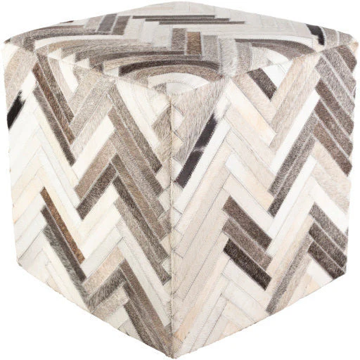 Surya Zander Modern Hair On Hide Black, Gray, Cream & Tan Patched Leather Pouf Ottoman ZNPF-010 - Image 3
